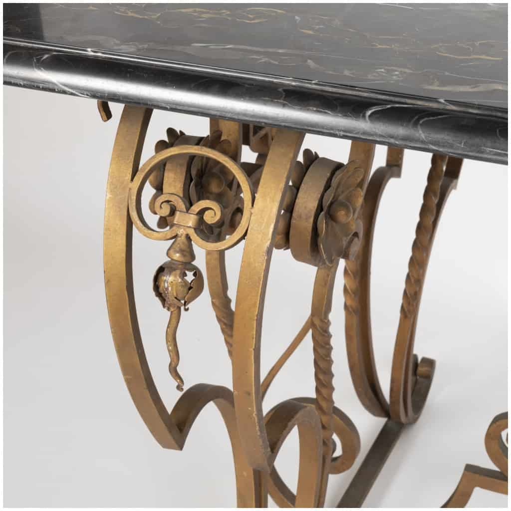 Table de salle à manger en fer forgé et plateau en marbre portor, XXe 10