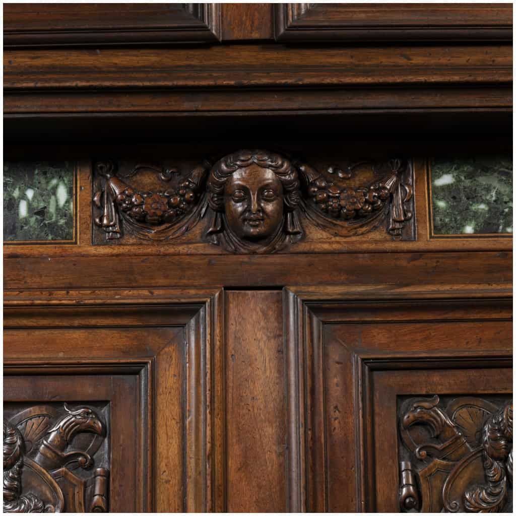 Neo-Renaissance two-body sideboard in carved walnut and marble inclusions, XVIIIand 11