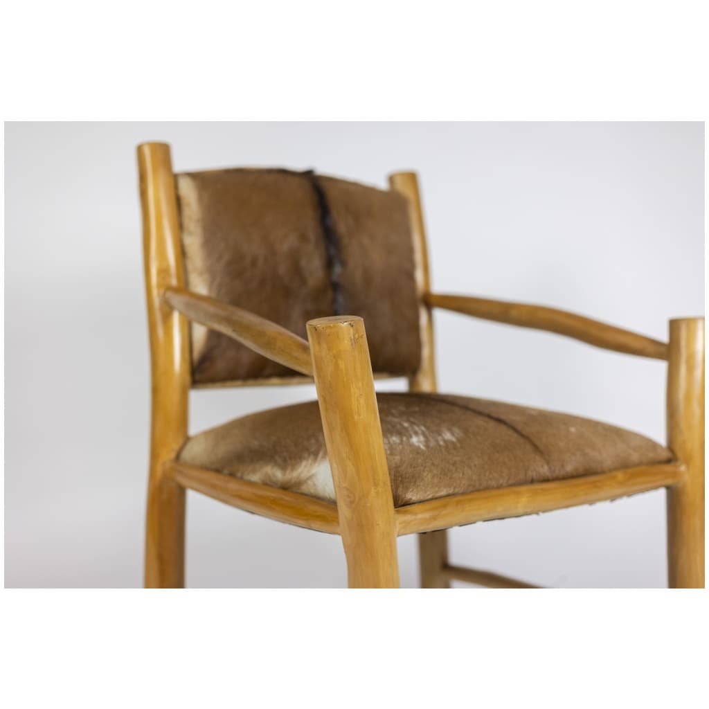 Brutalist style armchair in elm and goatskin, 1970s 10