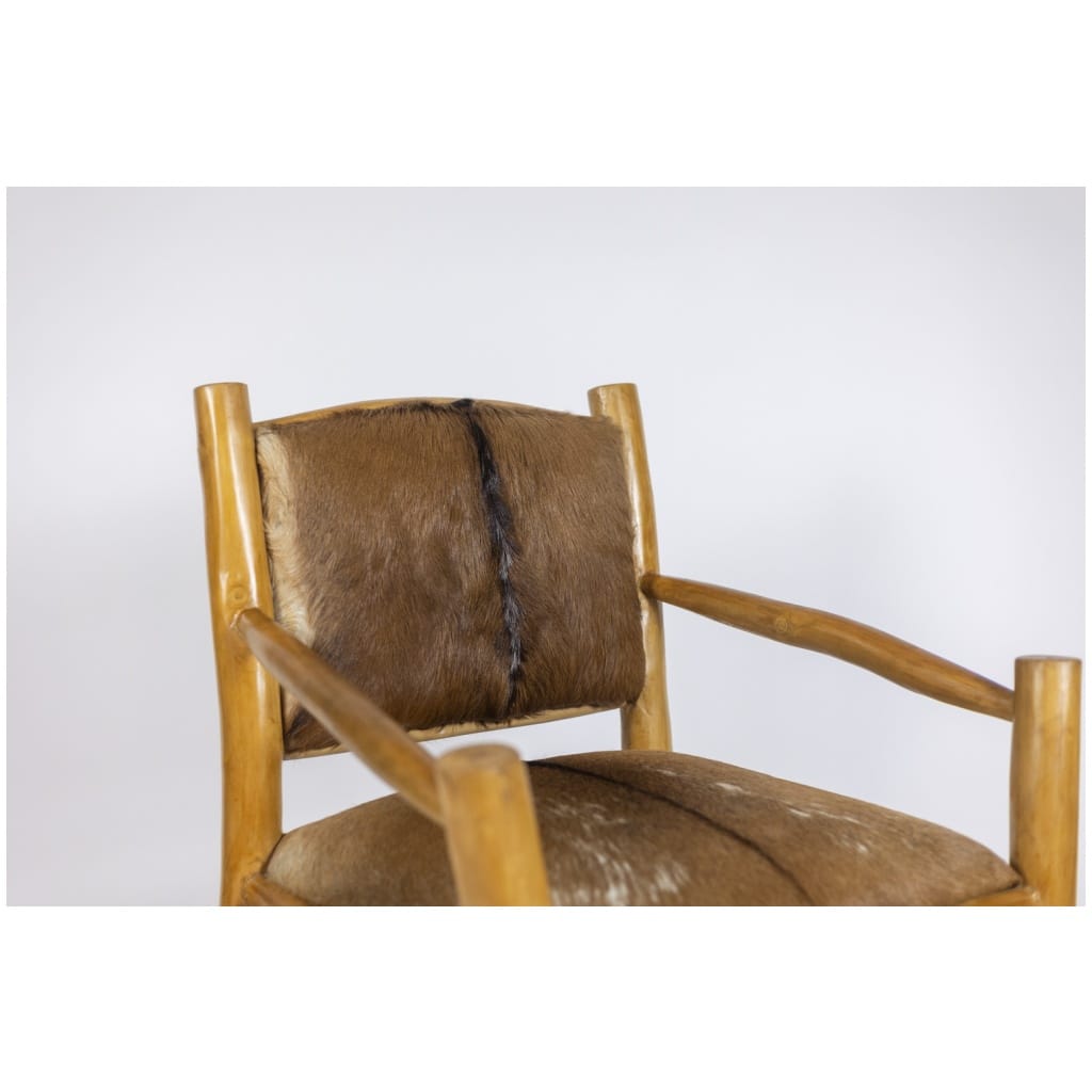 Brutalist style armchair in elm and goatskin, 1970s 9