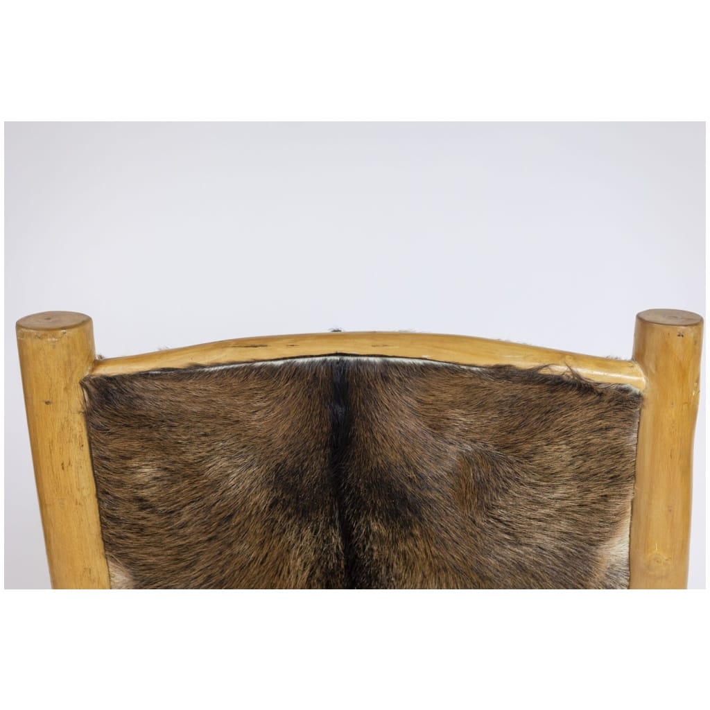 Brutalist style armchair in elm and goatskin, 1970s 8