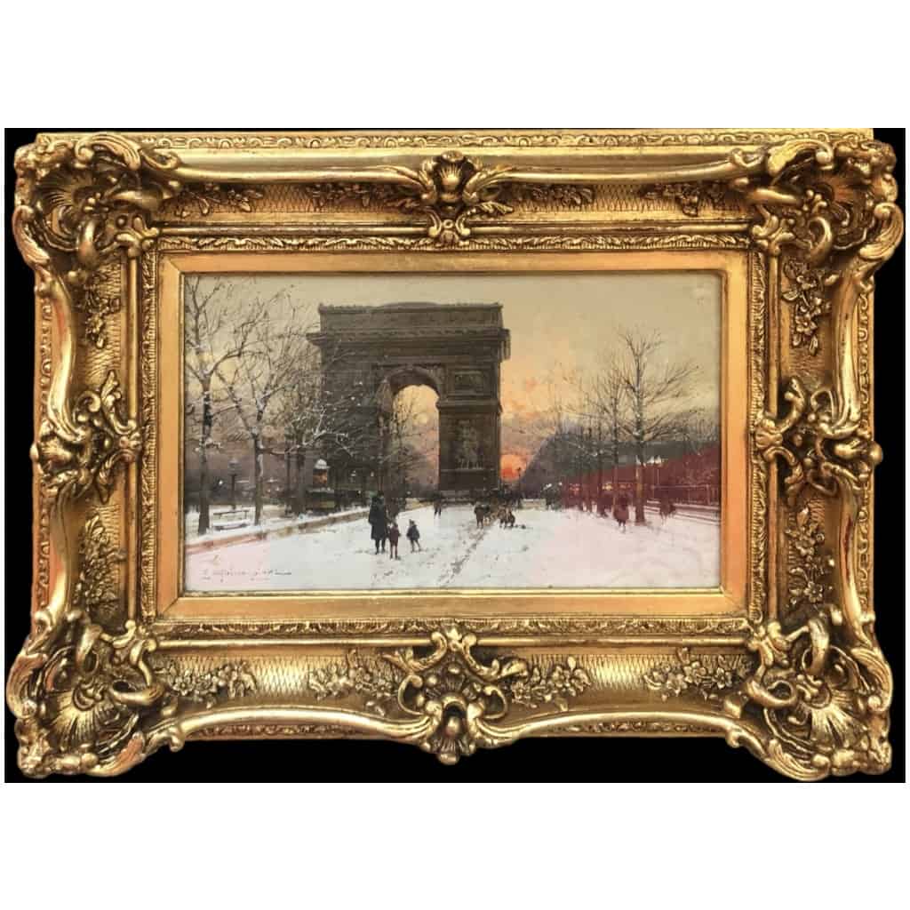 GALIEN LALOUE Peinture Française 20è Paris Les Champs Elysées Et l’Arc De Triomphe en hiver Gouache signée Certificat d’authenticité 4