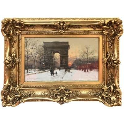 GALIEN LALOUE Peinture Française 20è Paris Les Champs Elysées Et l’Arc De Triomphe en hiver Gouache signée Certificat d’authenticité