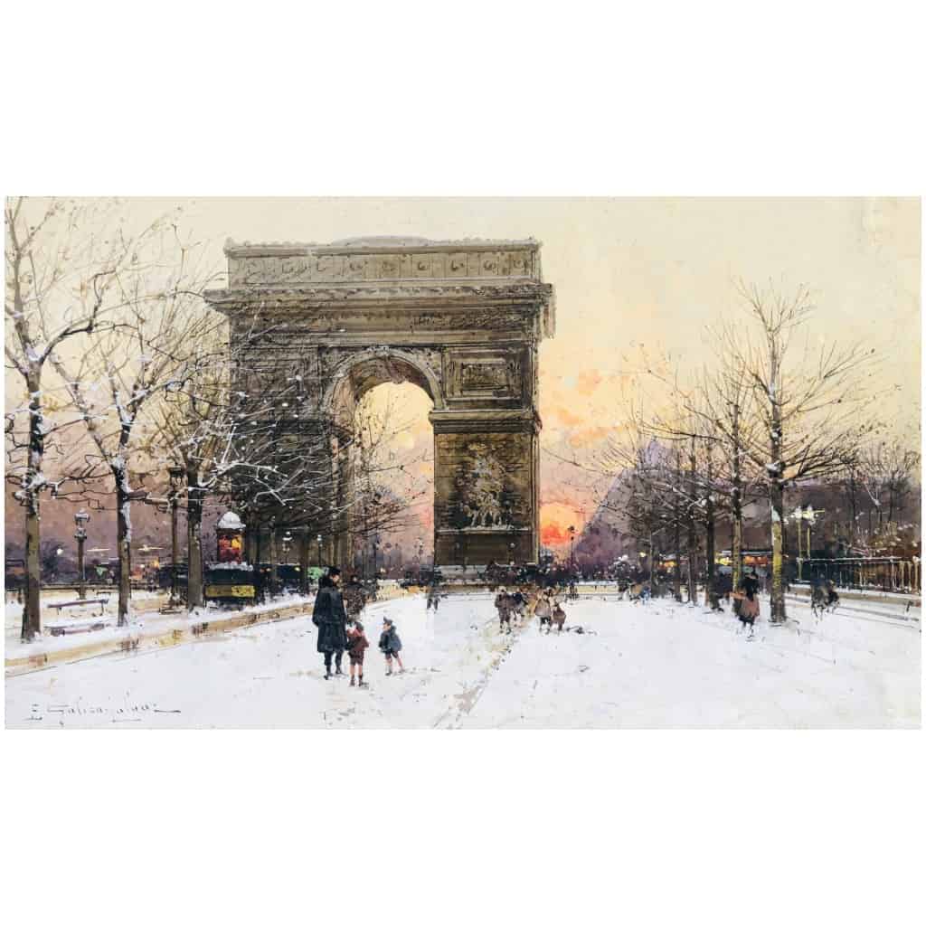 GALIEN LALOUE Peinture Française 20è Paris Les Champs Elysées Et l’Arc De Triomphe en hiver Gouache signée Certificat d’authenticité 17