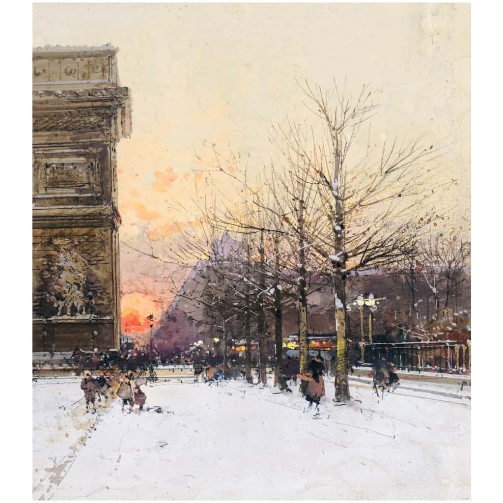 GALIEN LALOUE Peinture Française 20è Paris Les Champs Elysées Et l’Arc De Triomphe en hiver Gouache signée Certificat d’authenticité 8