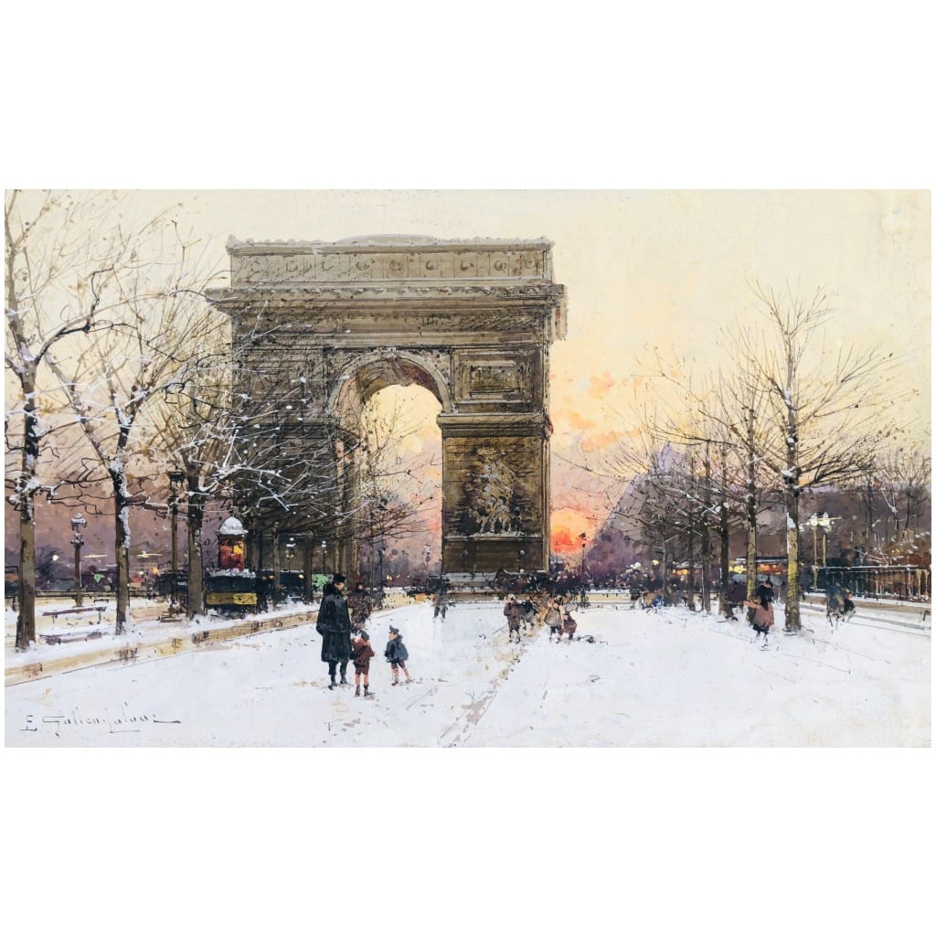 GALIEN LALOUE Peinture Française 20è Paris Les Champs Elysées Et l’Arc De Triomphe en hiver Gouache signée Certificat d’authenticité 7