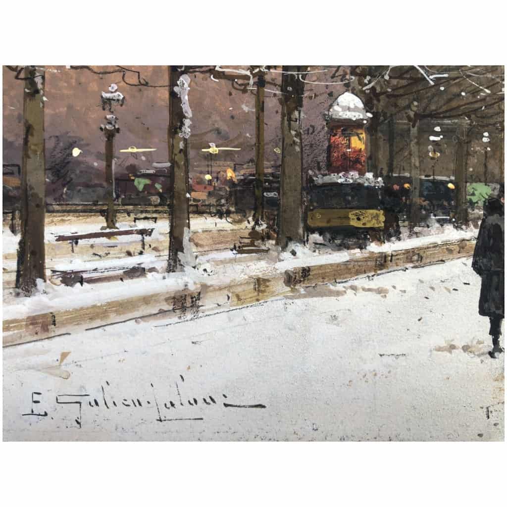 GALIEN LALOUE Peinture Française 20è Paris Les Champs Elysées Et l’Arc De Triomphe en hiver Gouache signée Certificat d’authenticité 6