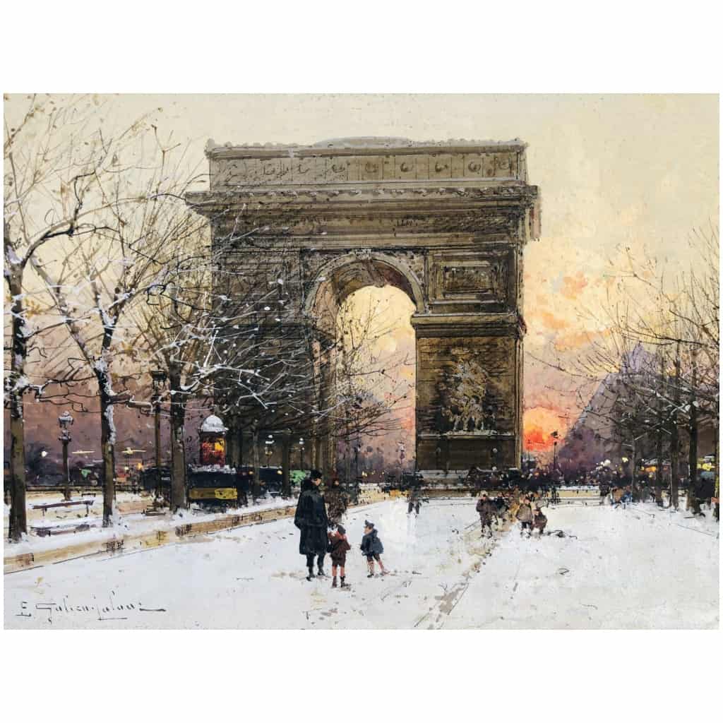 GALIEN LALOUE Peinture Française 20è Paris Les Champs Elysées Et l’Arc De Triomphe en hiver Gouache signée Certificat d’authenticité 16