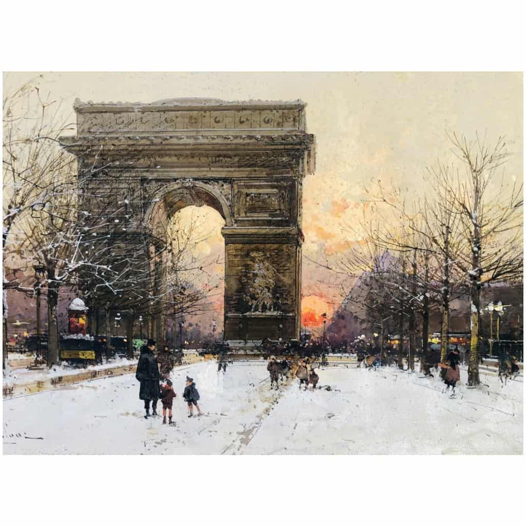 GALIEN LALOUE Peinture Française 20è Paris Les Champs Elysées Et l’Arc De Triomphe en hiver Gouache signée Certificat d’authenticité 10