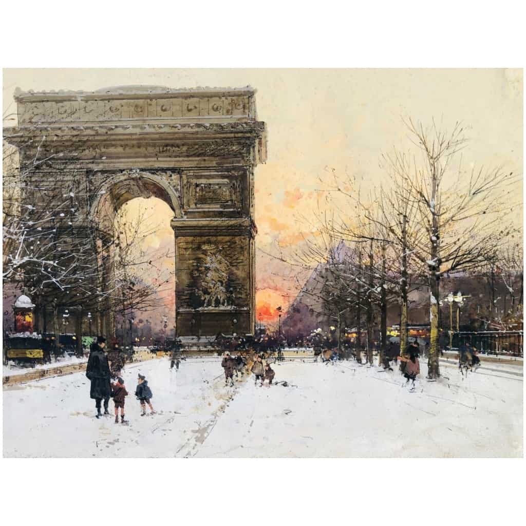GALIEN LALOUE Peinture Française 20è Paris Les Champs Elysées Et l’Arc De Triomphe en hiver Gouache signée Certificat d’authenticité 11
