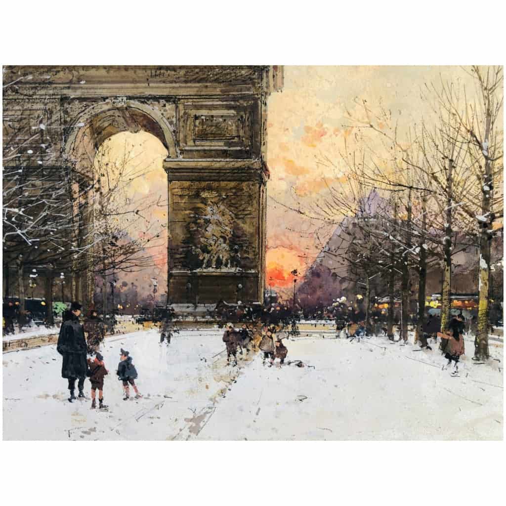 GALIEN LALOUE Peinture Française 20è Paris Les Champs Elysées Et l’Arc De Triomphe en hiver Gouache signée Certificat d’authenticité 13