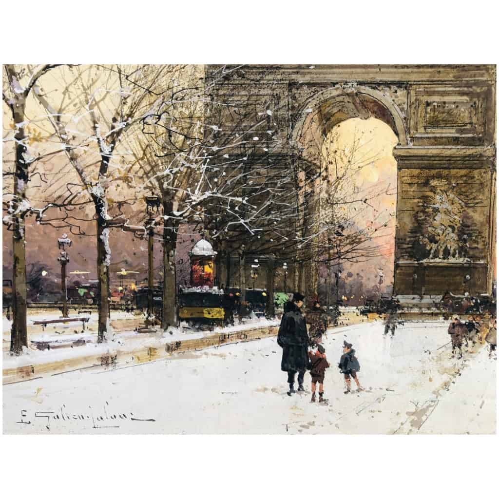 GALIEN LALOUE Peinture Française 20è Paris Les Champs Elysées Et l’Arc De Triomphe en hiver Gouache signée Certificat d’authenticité 14