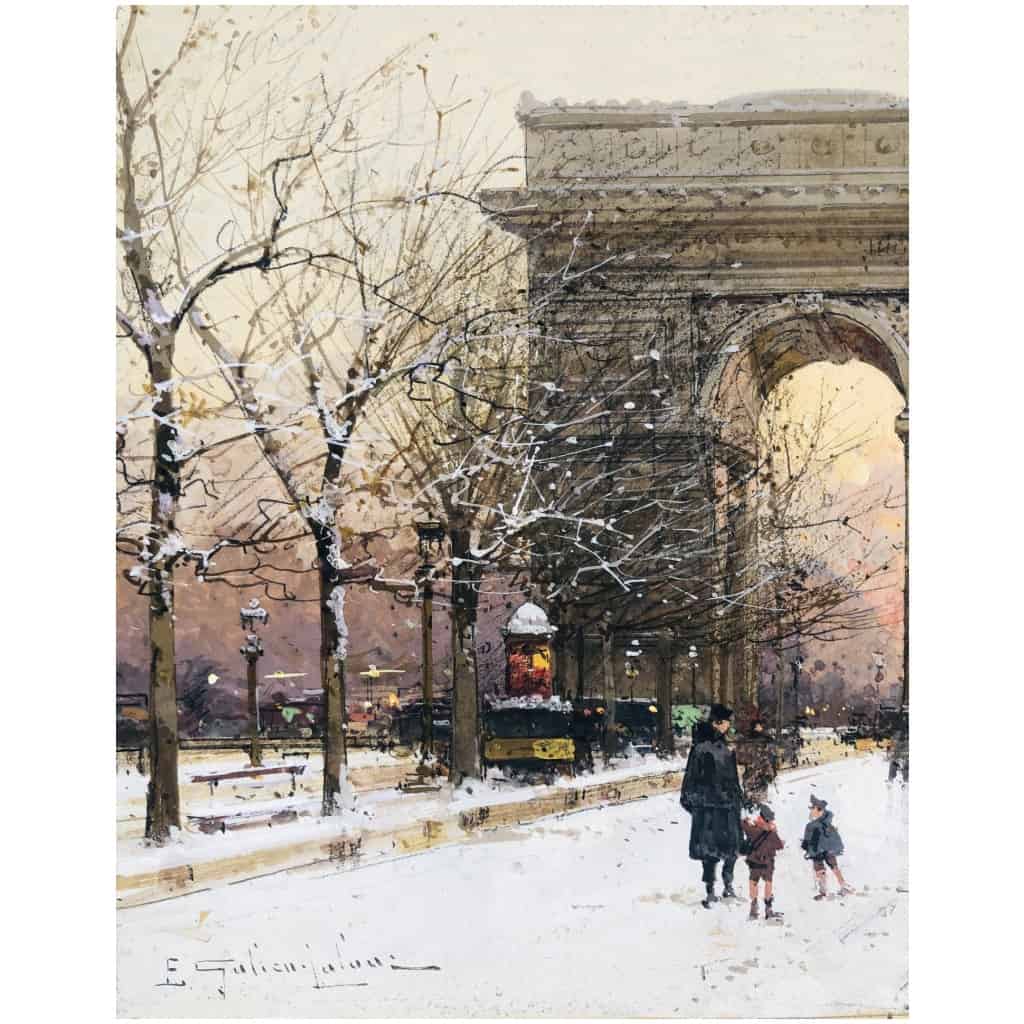 GALIEN LALOUE Peinture Française 20è Paris Les Champs Elysées Et l’Arc De Triomphe en hiver Gouache signée Certificat d’authenticité 15