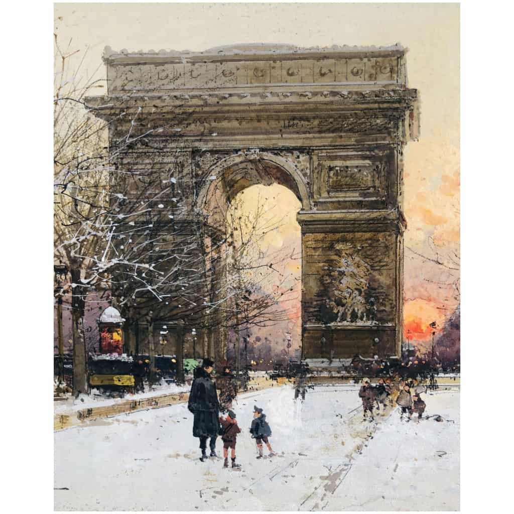 GALIEN LALOUE Peinture Française 20è Paris Les Champs Elysées Et l’Arc De Triomphe en hiver Gouache signée Certificat d’authenticité 9