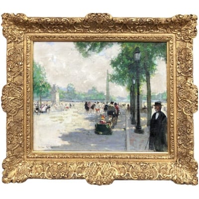 HERVE Jules Tableau Impressionniste 20è siècle Animation aux Champs Elysées huile sur toile signée Certificat d’authenticité