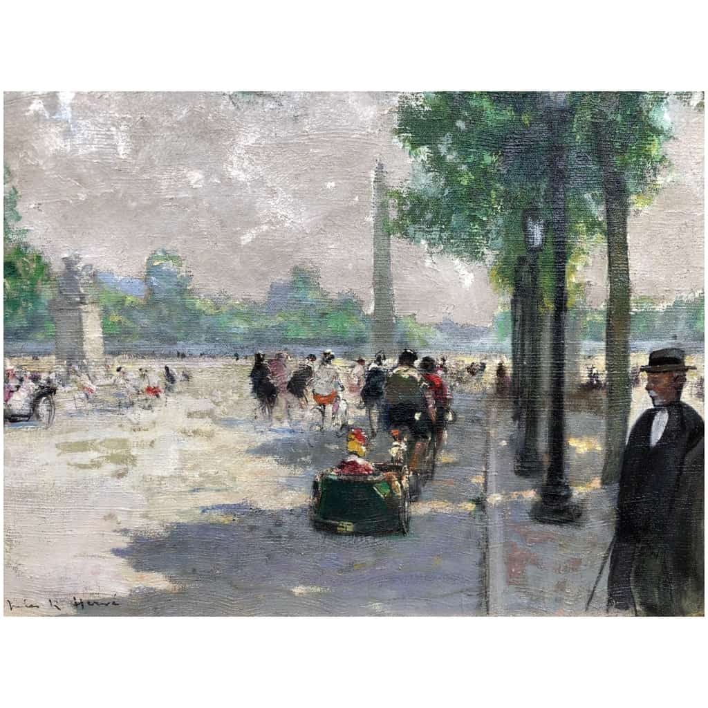 HERVE Jules Tableau Impressionniste 20è siècle Animation aux Champs Elysées huile sur toile signée Certificat d’authenticité 5