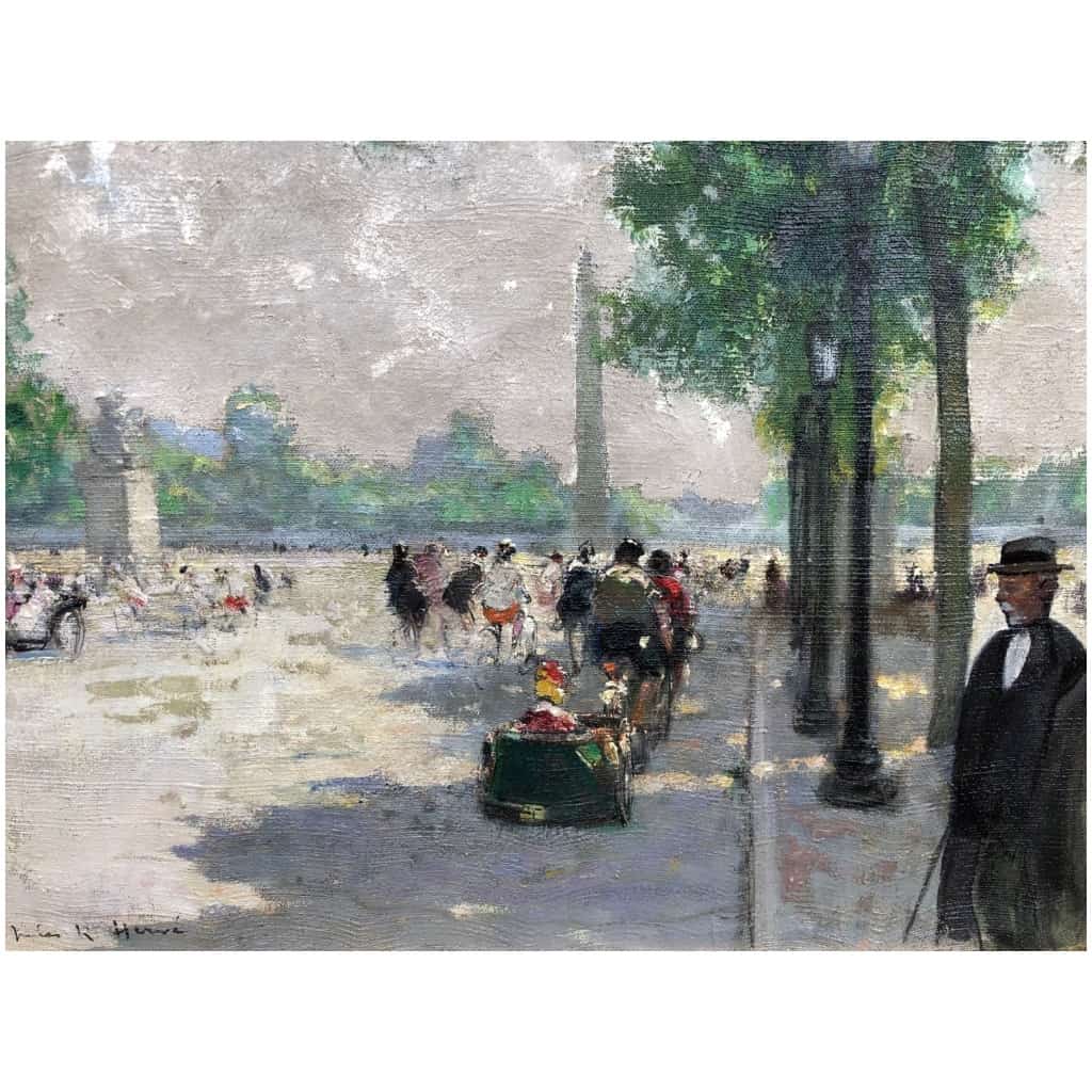 HERVE Jules Impressionist Painting 20th century Animation on the Champs Elysées oil on canvas signed Certificate of authenticity 5