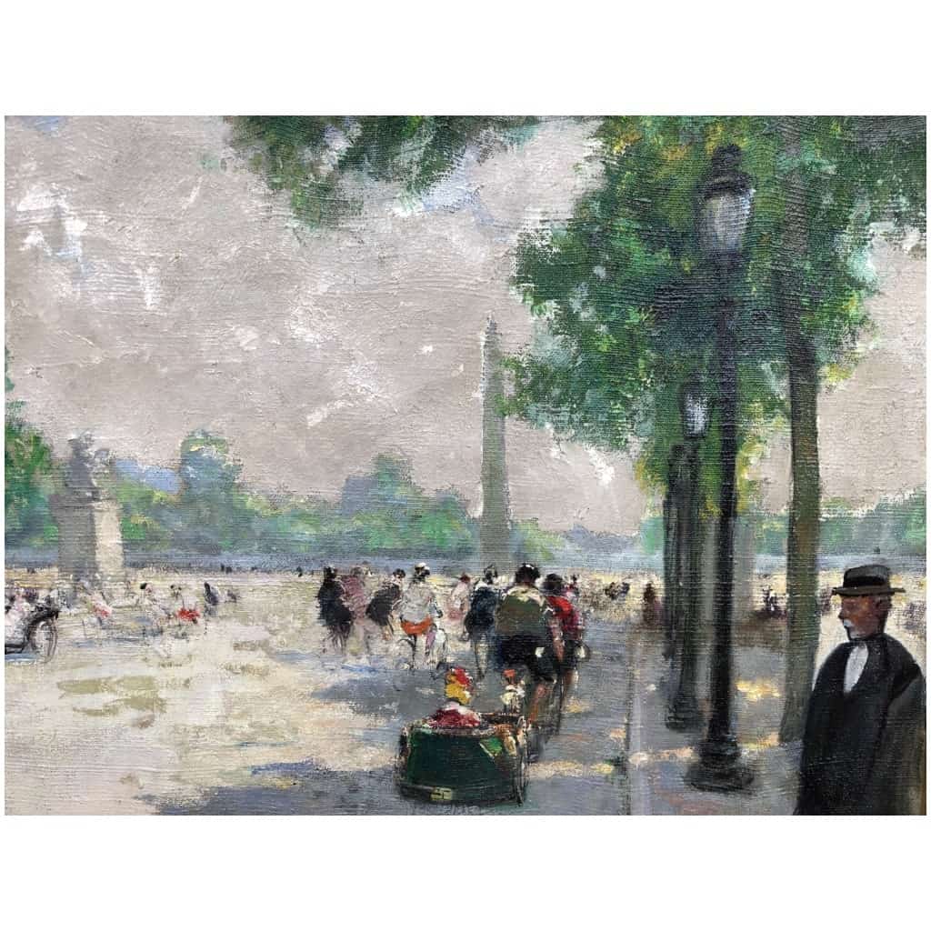 HERVE Jules Tableau Impressionniste 20è siècle Animation aux Champs Elysées huile sur toile signée Certificat d’authenticité 12
