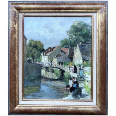 HERVE Jules Painting 20th Century A Sunday in the Countryside Oil On Canvas Signed Certificate of Authenticity