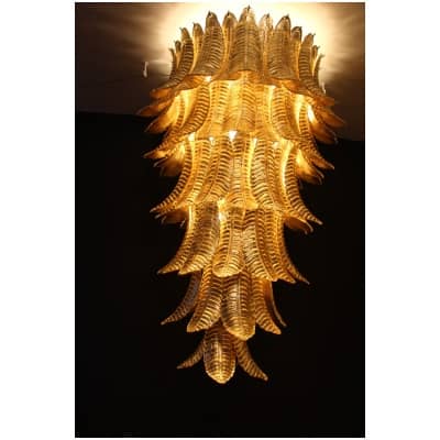 Lustre long en verre de Murano doré en forme de palmier
