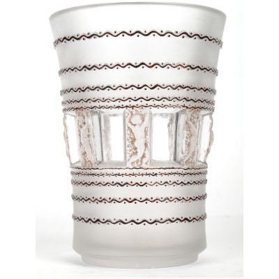 1937 René Lalique – Vase Florence Verre Blanc Patiné Sépia Et Emaillé Marron