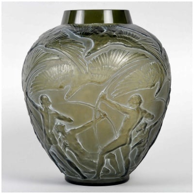 1921 René Lalique – Vase Archers Verre Gris Topaze Fumé Patiné Blanc