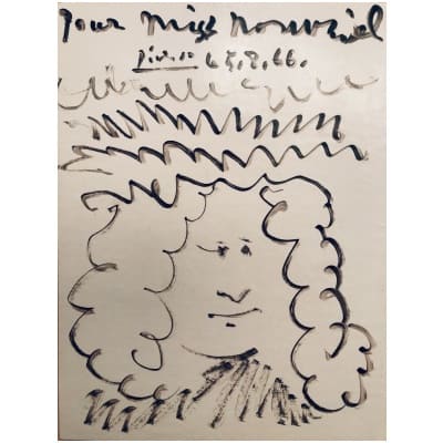 PICASSO Pablo Autoportrait Dessin au feutre signé dédicacé Pour Miss Nombril et daté 5.8.66 Certificat