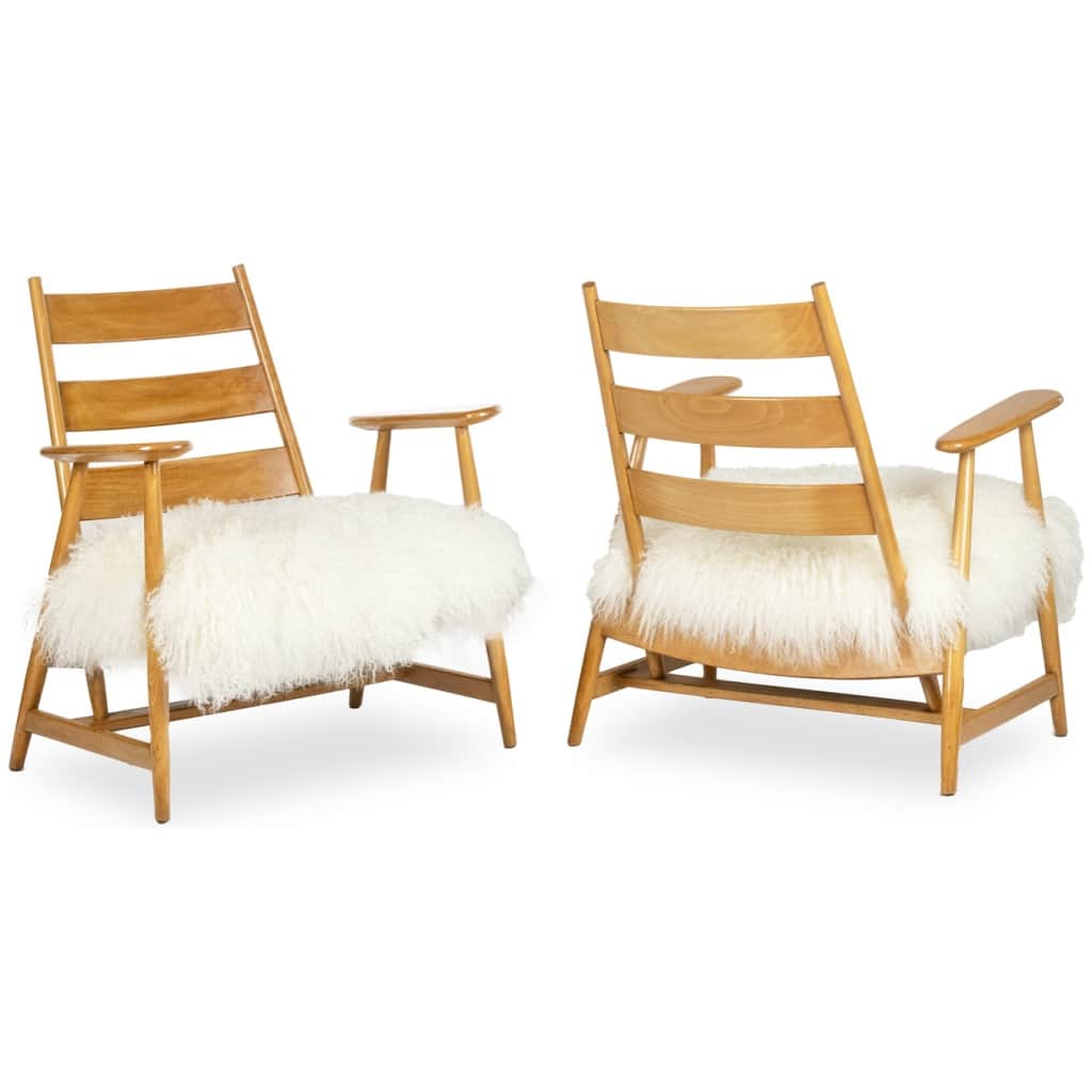 Pair of “lounge” armchairs in blond beech. 1950s 3