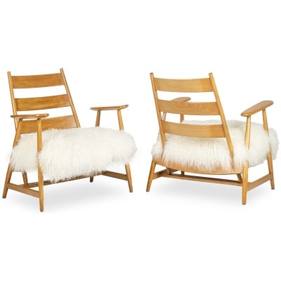 Pair of “lounge” armchairs in blond beech. 1950s