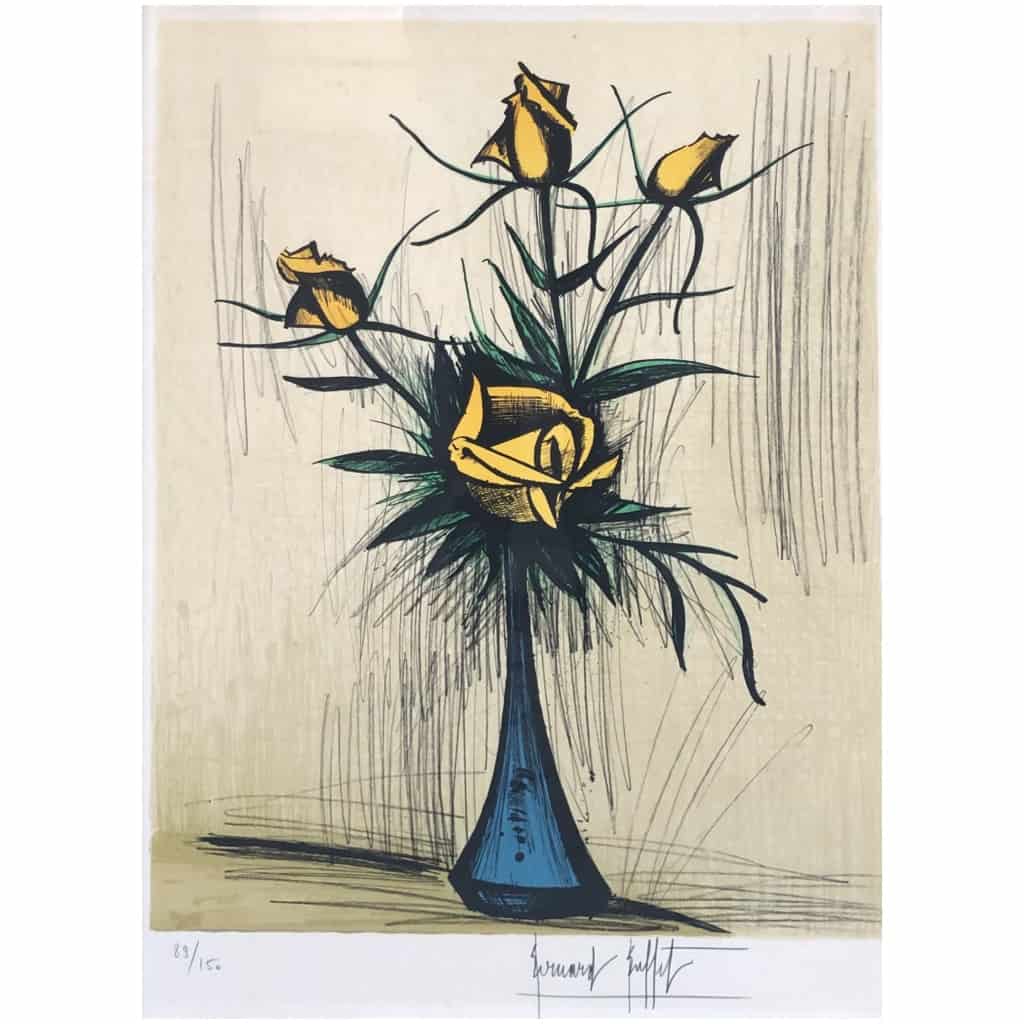 BUFFET Bernard Roses dans un vase bleu, 1979 Lithographie en couleurs signée et numérotée Certificat 10