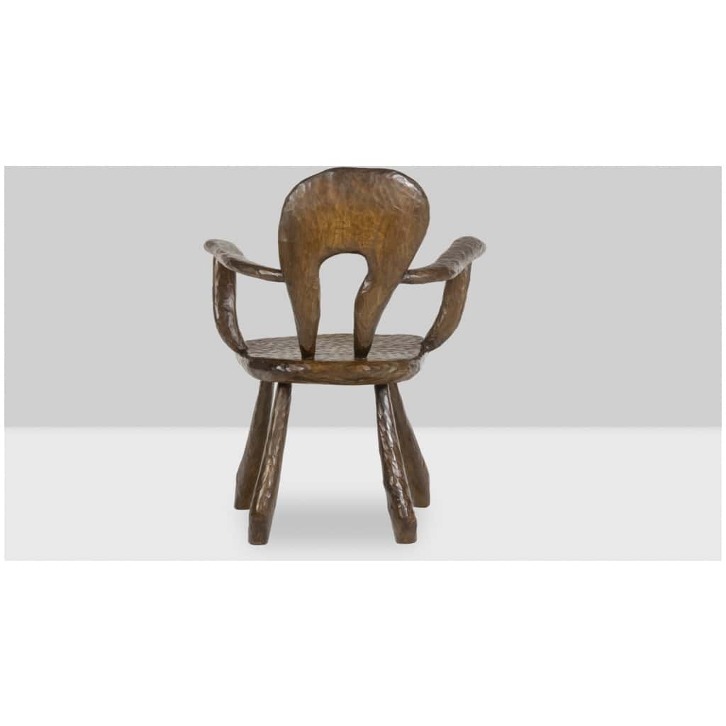 Maison Chevalier, Brutalist armchair in gouged wood. 1960s. 5