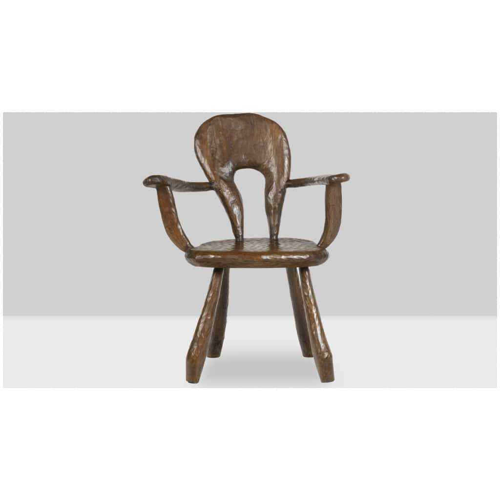 Maison Chevalier, Brutalist armchair in gouged wood. 1960s. 7