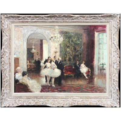 HERVE Jules Tableau Impressionniste 20è siècle Réception après le spectacle Huile sur Toile Signée Certificat