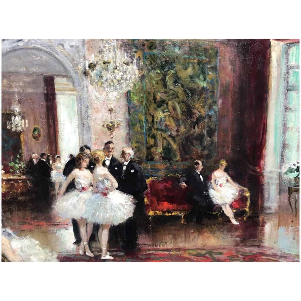 HERVE Jules Impressionist Painting 20th Reception After The Show Oil on canvas signed Certificate of authenticity 13
