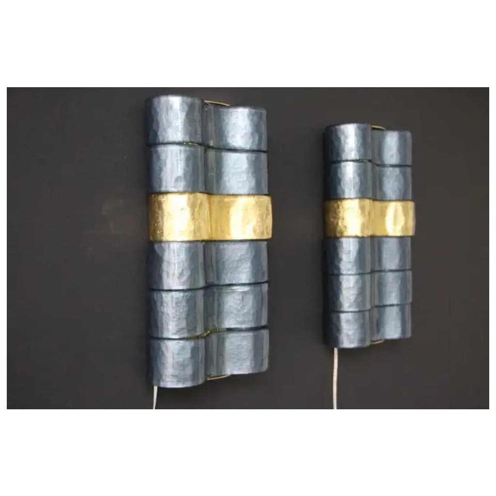 Pair of modern wall lights in blue, gray and gold Murano glass 13