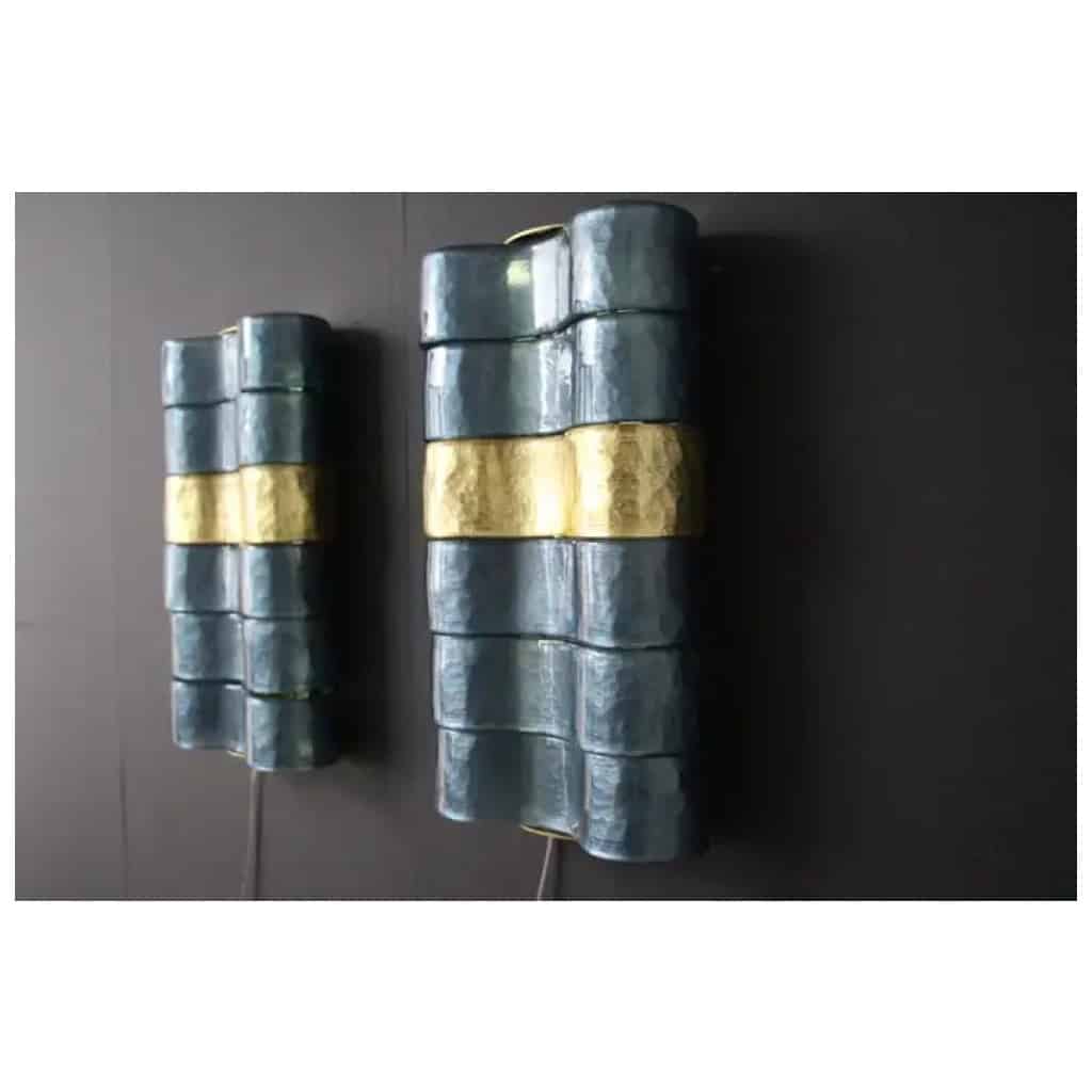 Pair of modern wall lights in blue, gray and gold Murano glass 12