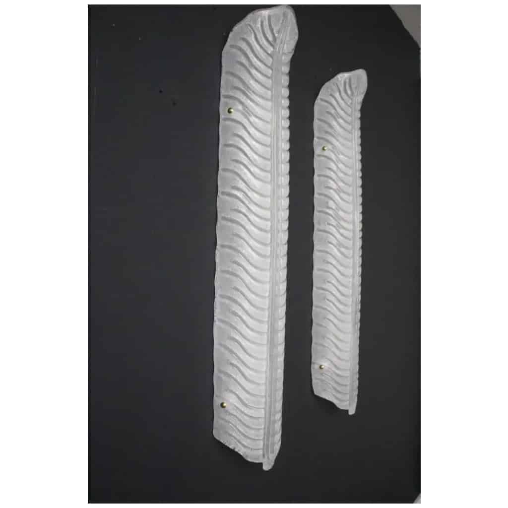 Pair of long feather-shaped white Murano glass sconces, long wall lights 14