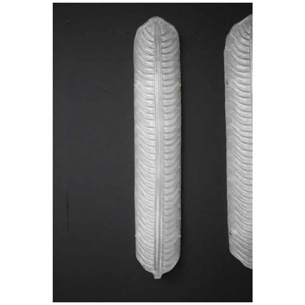 Pair of long feather-shaped white Murano glass sconces, long wall lights 4