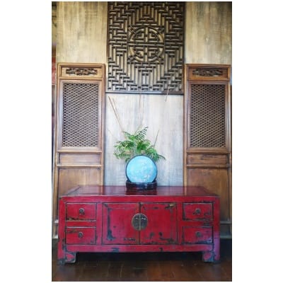 Antique low cabinet in red lacquered elm