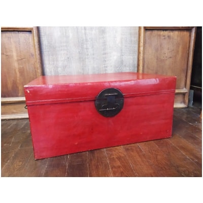 Old Chinese trunk in red lacquered leather