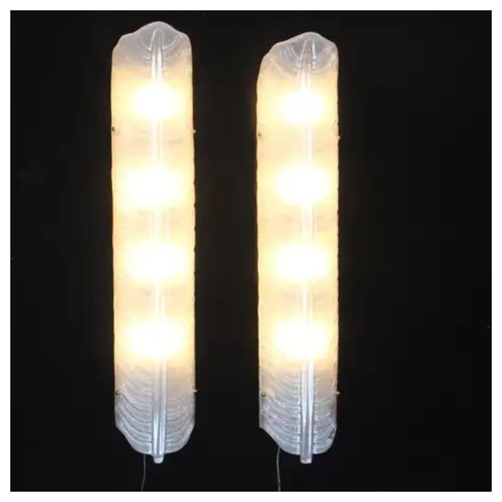 Pair of long feather-shaped white Murano glass sconces, long wall lights 12