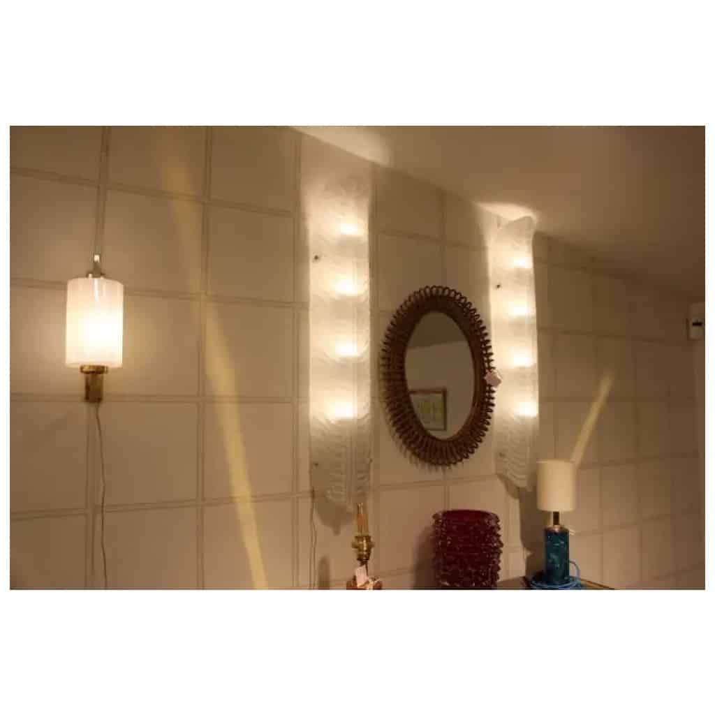 Pair of long feather-shaped white Murano glass sconces, long wall lights 13