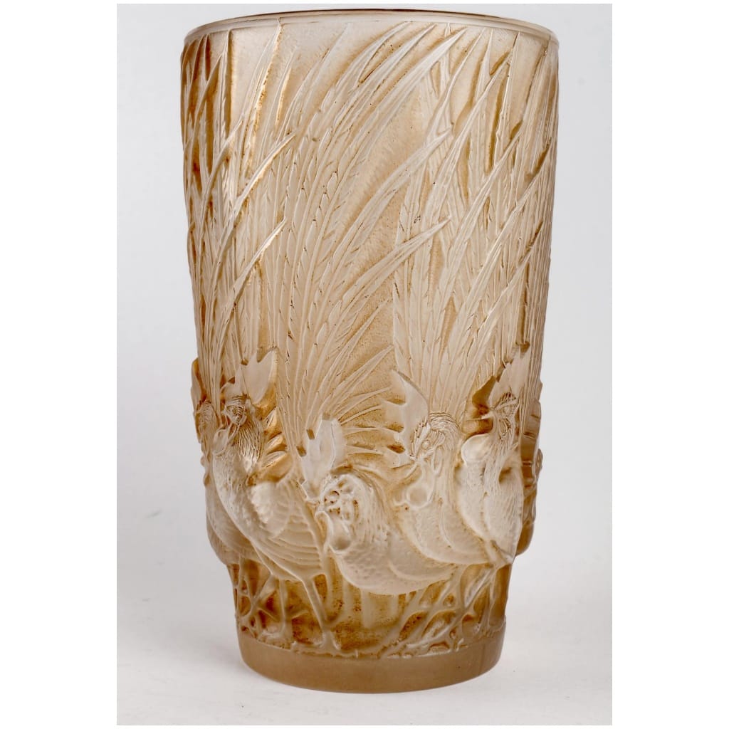 1928 René Lalique – Roosters And Feathers Vase White Glass Sepia Patina 6