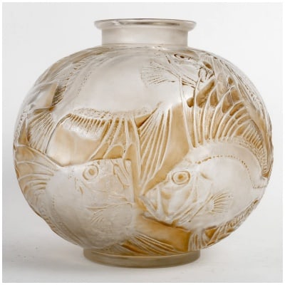 1921 René Lalique – Vase Poissons Verre Blanc Patiné Sépia