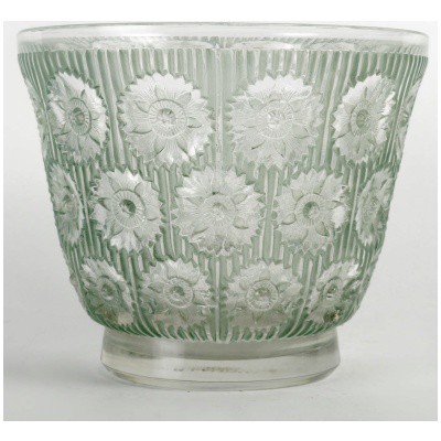 1937 René Lalique – Vase Edelweiss Verre Blanc Patiné Vert