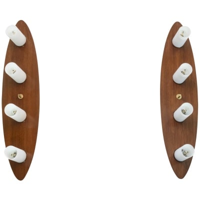 Maison Arlus, Pair of mahogany and opaline wall lights. 1960s.
