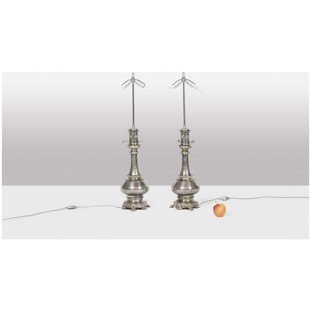 Pairs of lamps in metal and silvered bronze. Circa 1880 6
