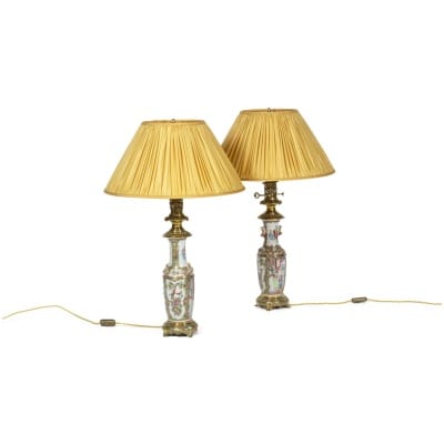 Pair of Canton porcelain and bronze lamps. Circa 1880.