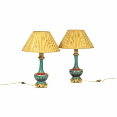 Pair of Paris porcelain and gilded bronze lamps. Circa 1850.