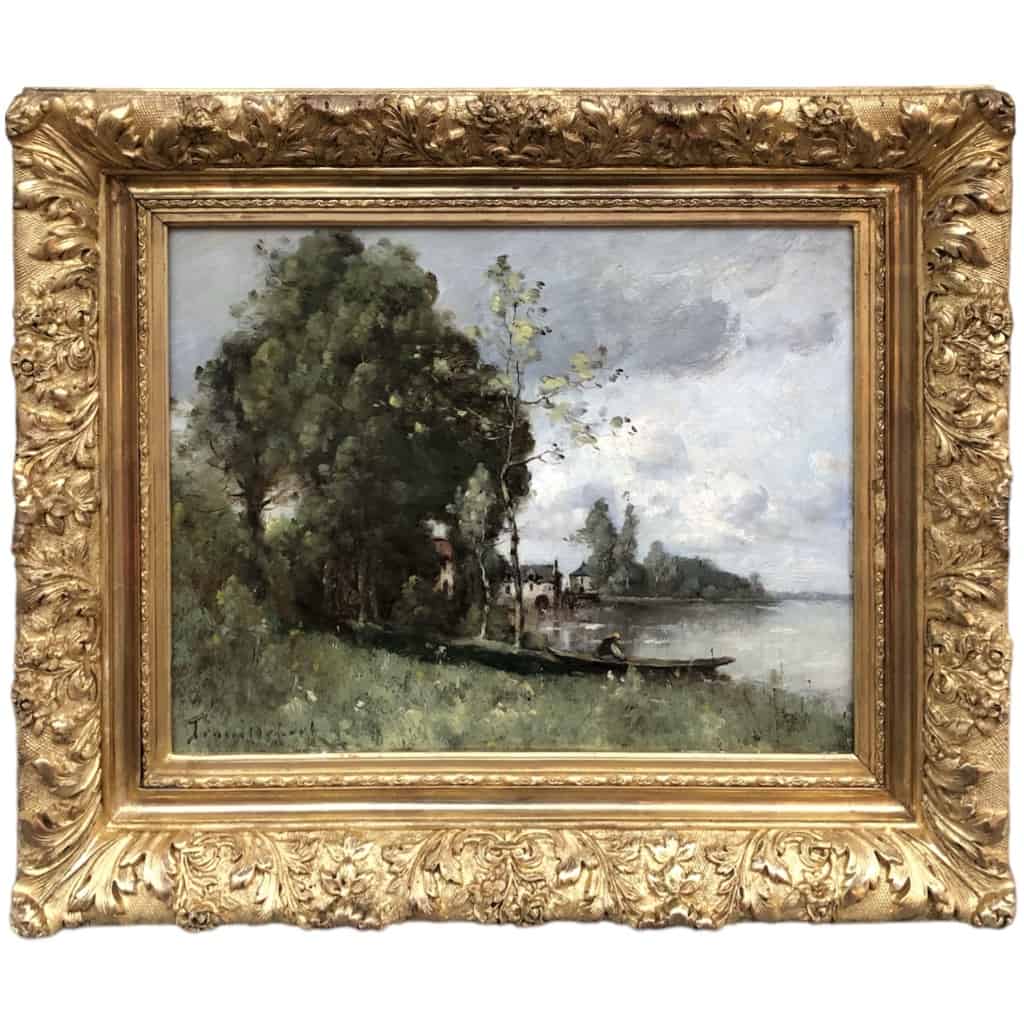 TROUILLEBERT Tableau Français 19è Barbizon Pêcheur En Barque Huile Signée Catalogue Raisonné 16